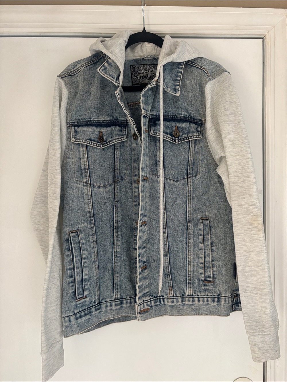 Brooklyn Cloth Light Blue Denim Jacket with Heather Gray Hoodie Sleeves